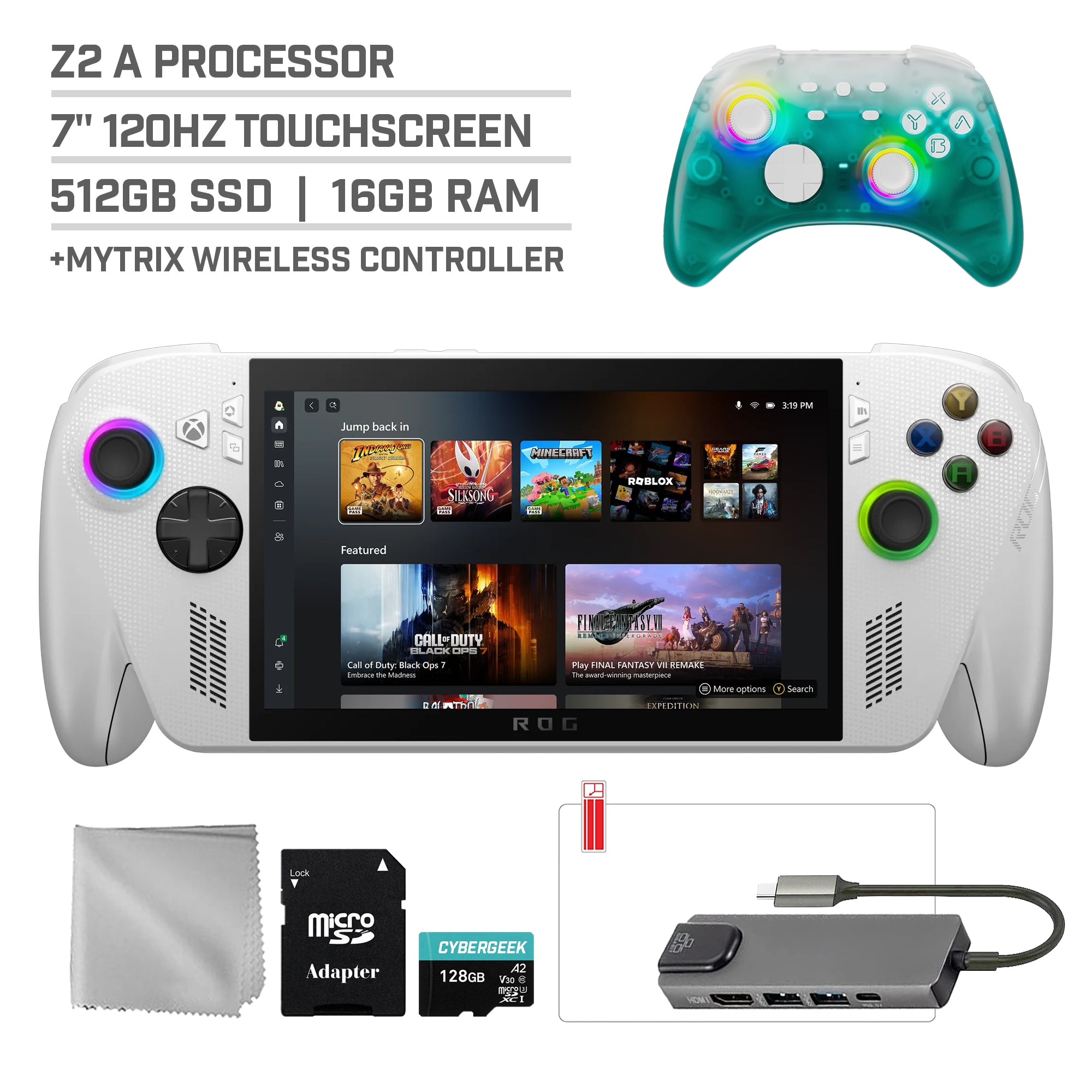 ASUS ROG Xbox Ally 512GB AMD Ryzen Z2 A CPU Gaming Handheld 7-inch Touchscreen 120Hz, Mytrix Black Ice Wireless Pro Controller, Hub, 128GB MicroSD Card, 5 Accessories: 6 in 1 Bundle ASUS ROG Xbox Ally 512GB AMD Ryzen Z2 A CPU Gaming Handheld 7-inch Touchscreen 120Hz, Mytrix Black Ice Wireless Pro Controller, Hub, 128GB MicroSD Card, 5 Accessories: 6 in 1 Bundle